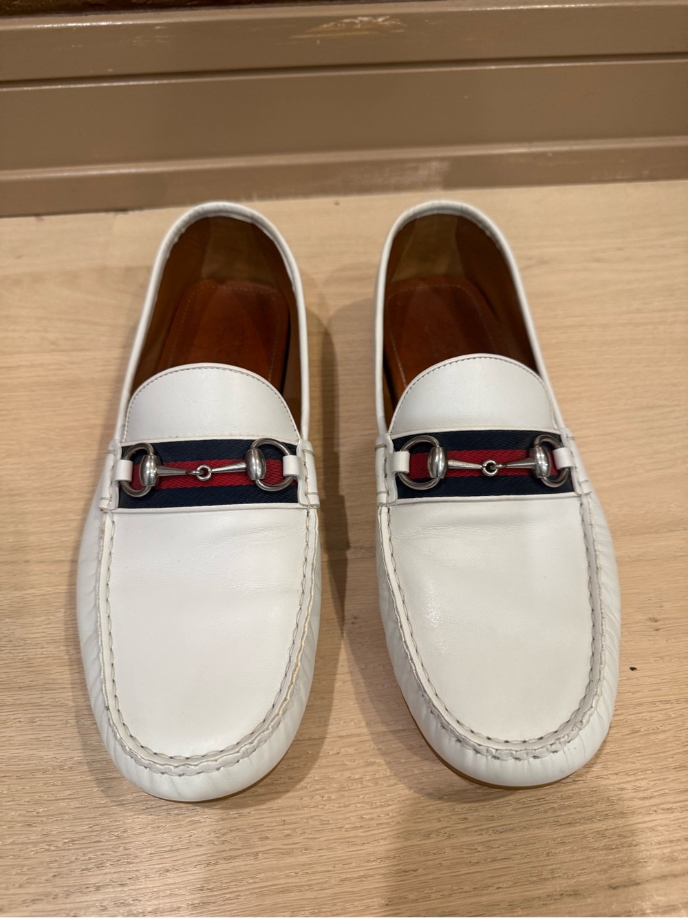 Gucci White Leather Loafers with Navy & Red Web and Silver Horsebit